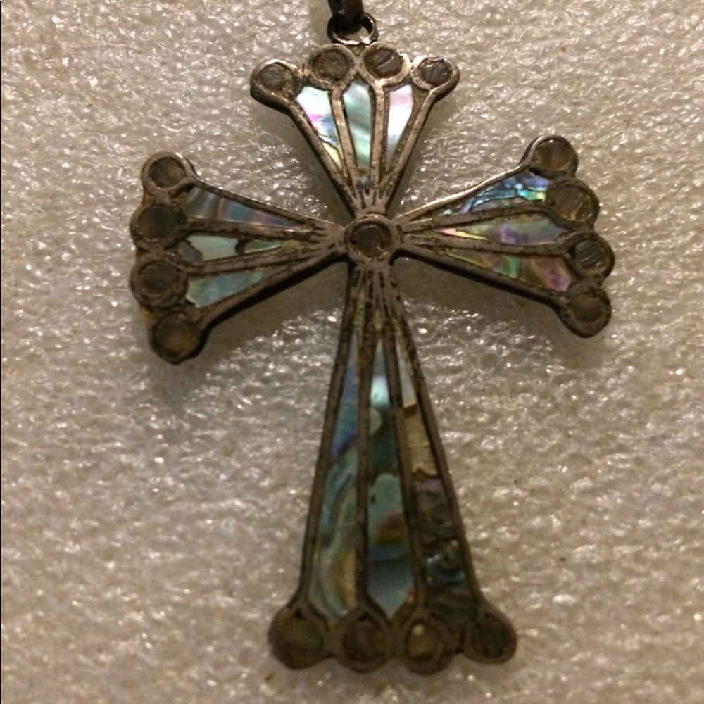 Antique abalone Mexican sterling cross pendent